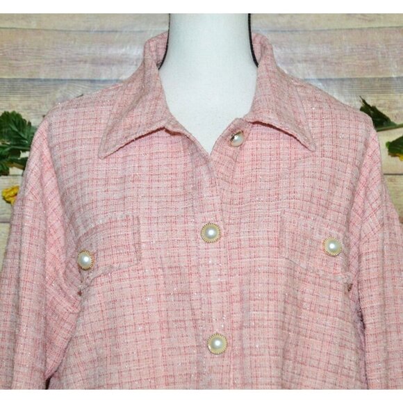 Andree By Unit Ladies Metallic Pink Tweed Shacket Button Front Jacket M Pockets - Picture 4 of 13